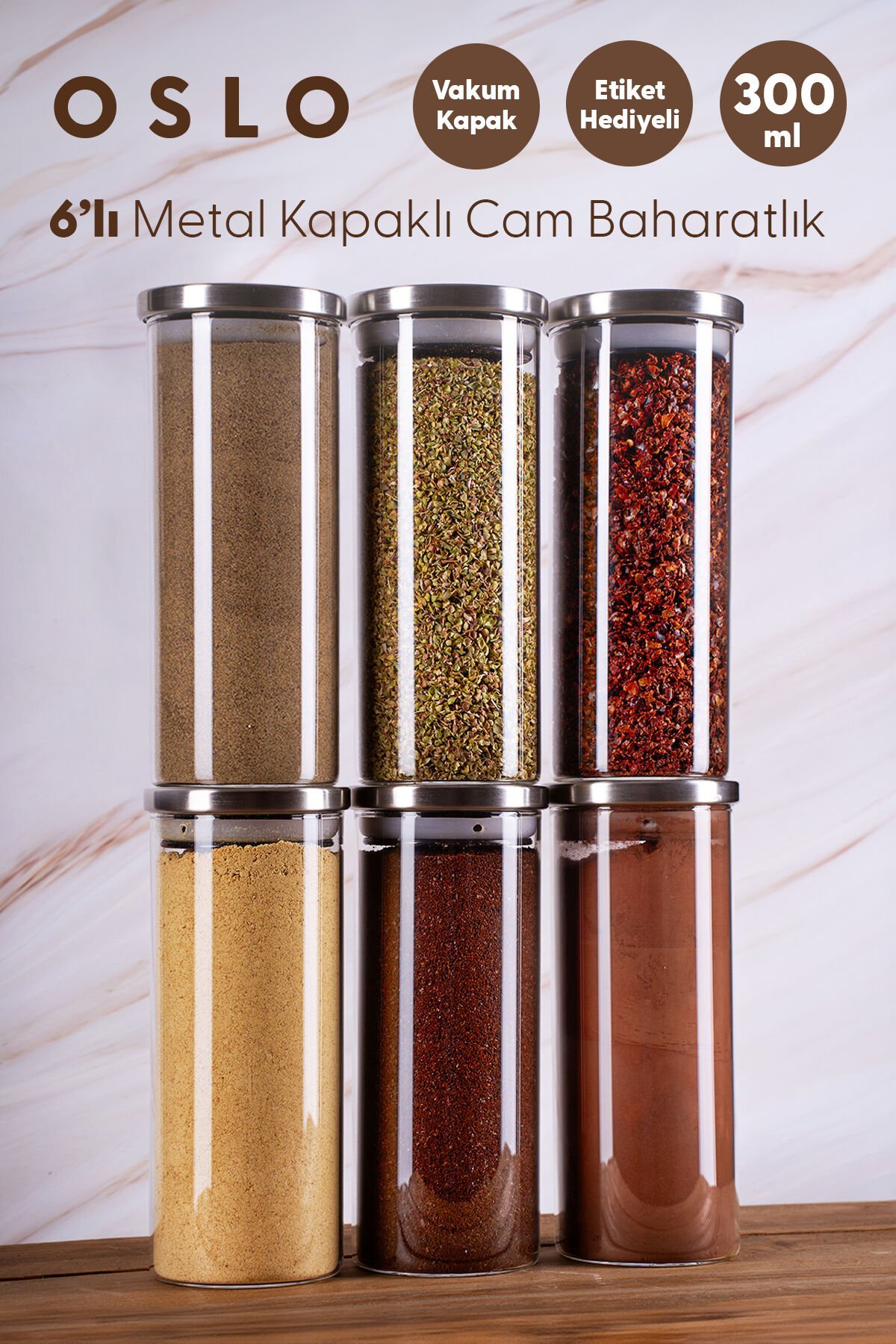 Oslo - 6'lı Metal Kapaklı Vakumlu Cam Saklama Kabı Baharatlık 300 ml