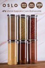 Oslo - 6'lı Metal Kapaklı Vakumlu Cam Saklama Kabı Baharatlık 300 ml