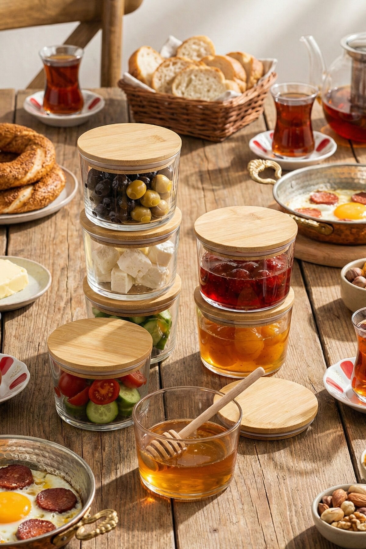 Vetro - 6'lı Ahşap Vakum Kapaklı Cam Saklama Kabı Bambu Kapak 220 cc