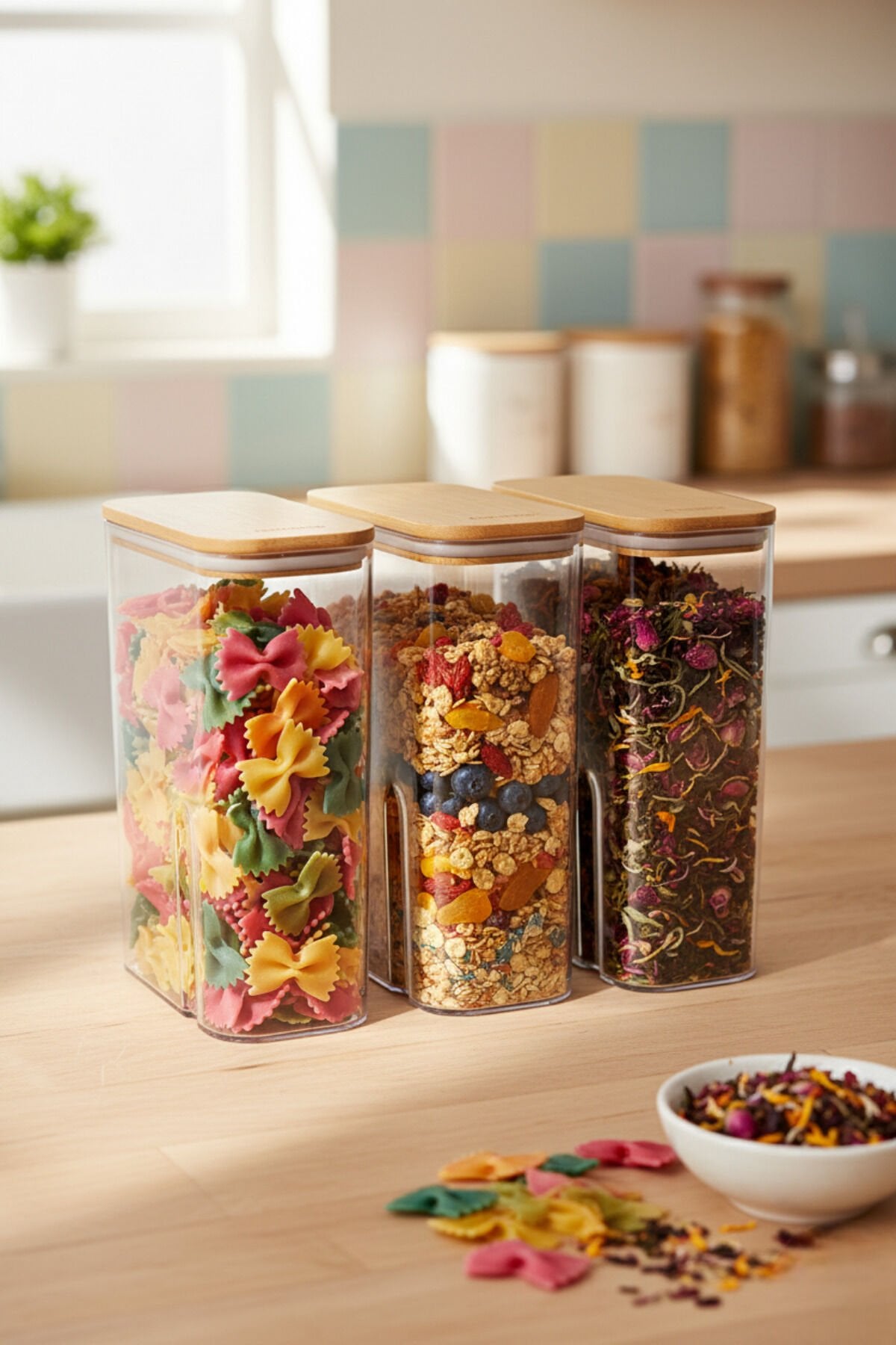 Pure 3 Adet 2,5 Litre Mega Boy Bambu Vakum Kapaklı Saklama Kabı Organizer Deterjanlık