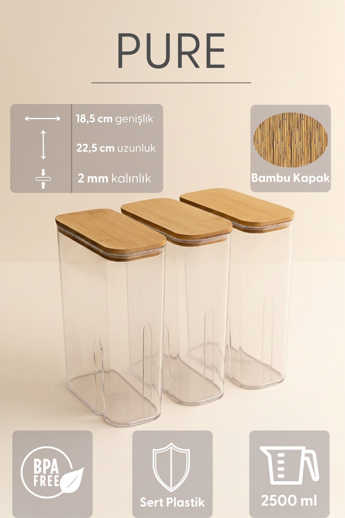 Pure 3 Adet 2,5 Litre Mega Boy Bambu Vakum Kapaklı Saklama Kabı Organizer Deterjanlık