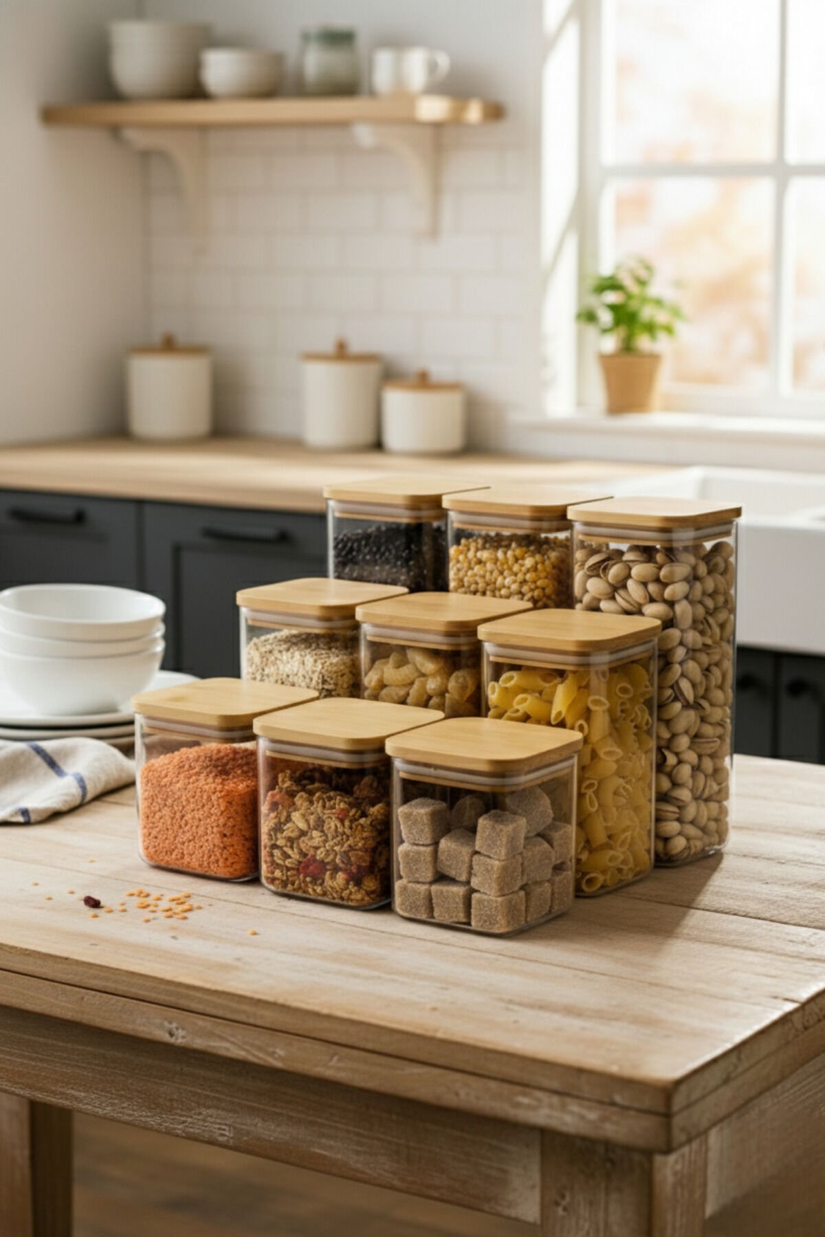 Maxi - 9'lu Bambu Vakum Kapaklı Plastik Bakliyat Erzak Saklama Kabı Seti 900-1130-1500 ml