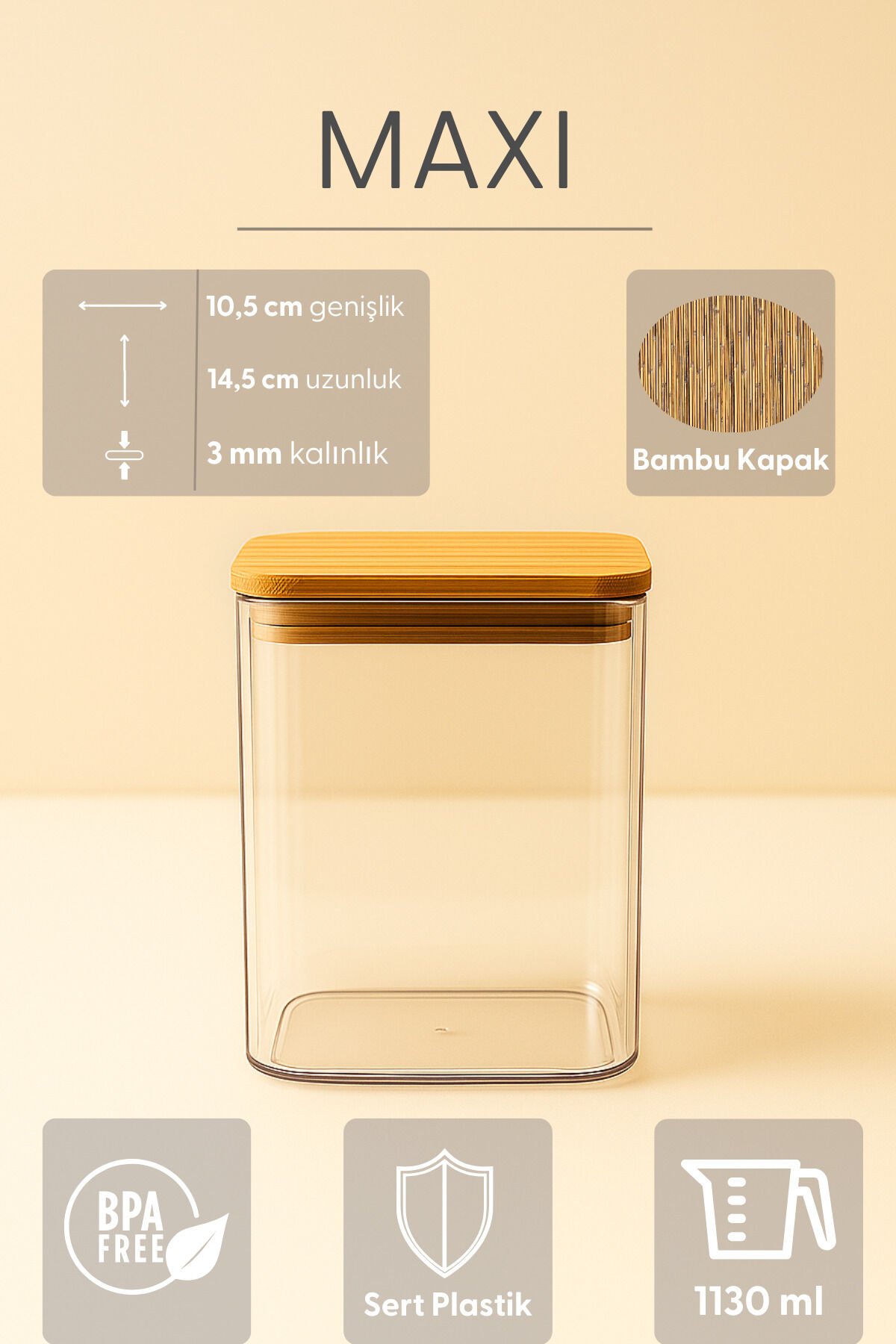 Maxi - 3'lü Bambu Vakum Kapaklı Plastik Bakliyat Erzak Saklama Kabı 1130 ml