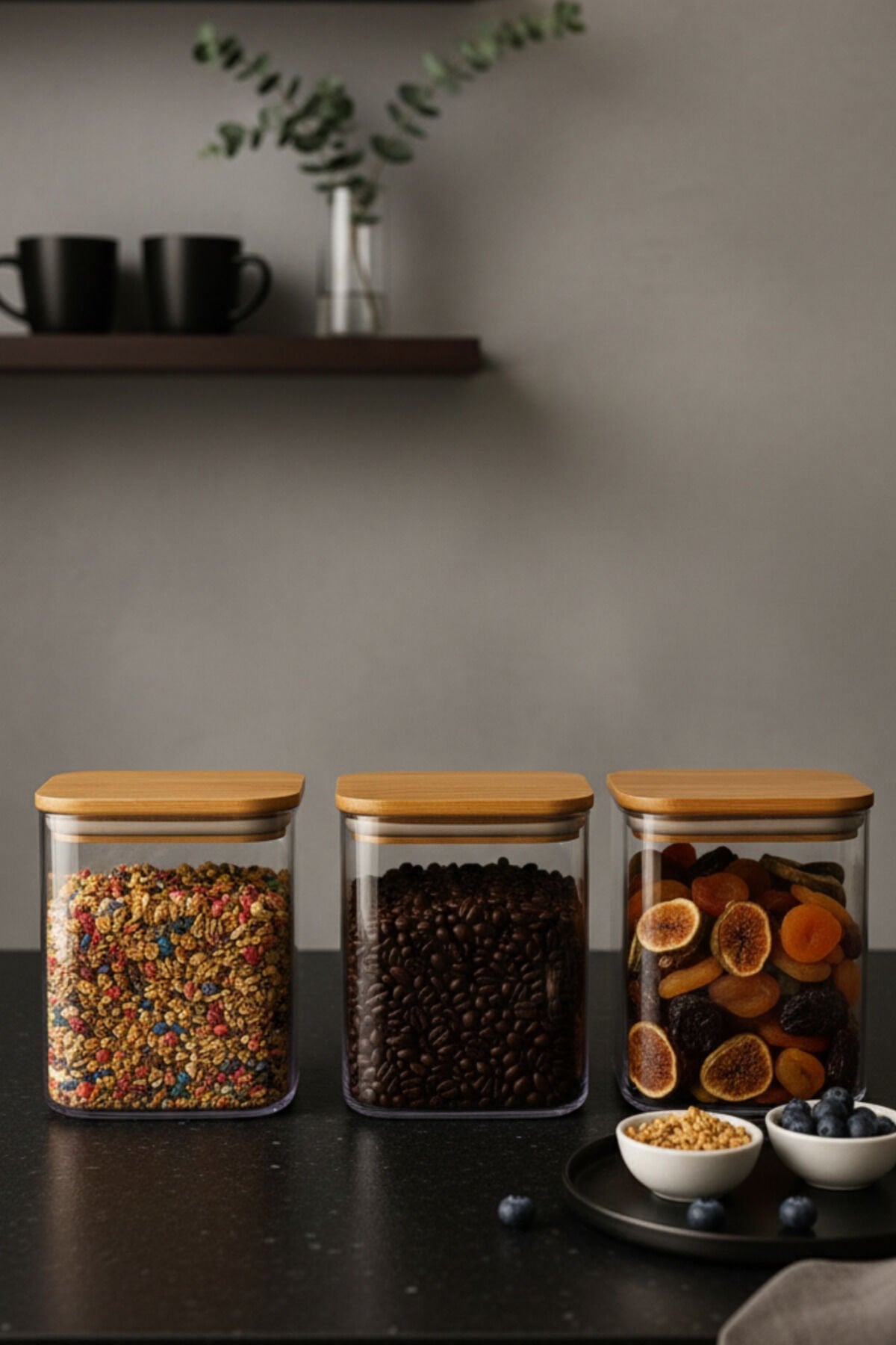 Maxi - 3'lü Bambu Vakum Kapaklı Plastik Bakliyat Erzak Saklama Kabı 1130 ml