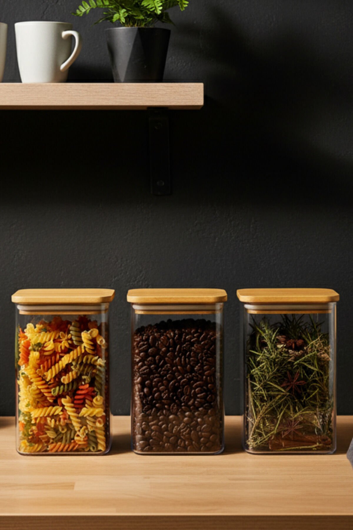 Maxi - 3'lü Bambu Vakum Kapaklı Plastik Bakliyat Erzak Saklama Kabı 1500 ml