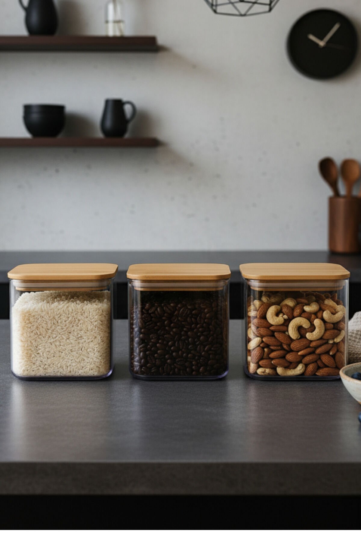 Maxi - 3'lü Bambu Vakum Kapaklı Plastik Bakliyat Erzak Saklama Kabı 900 ml