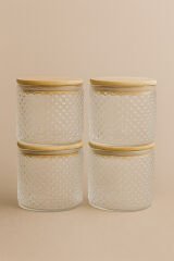 Siena- 4'lü Ahşap Kapaklı Kaşık Hediyeli Cam Saklama Kabı Bambu Kapak 375 cc