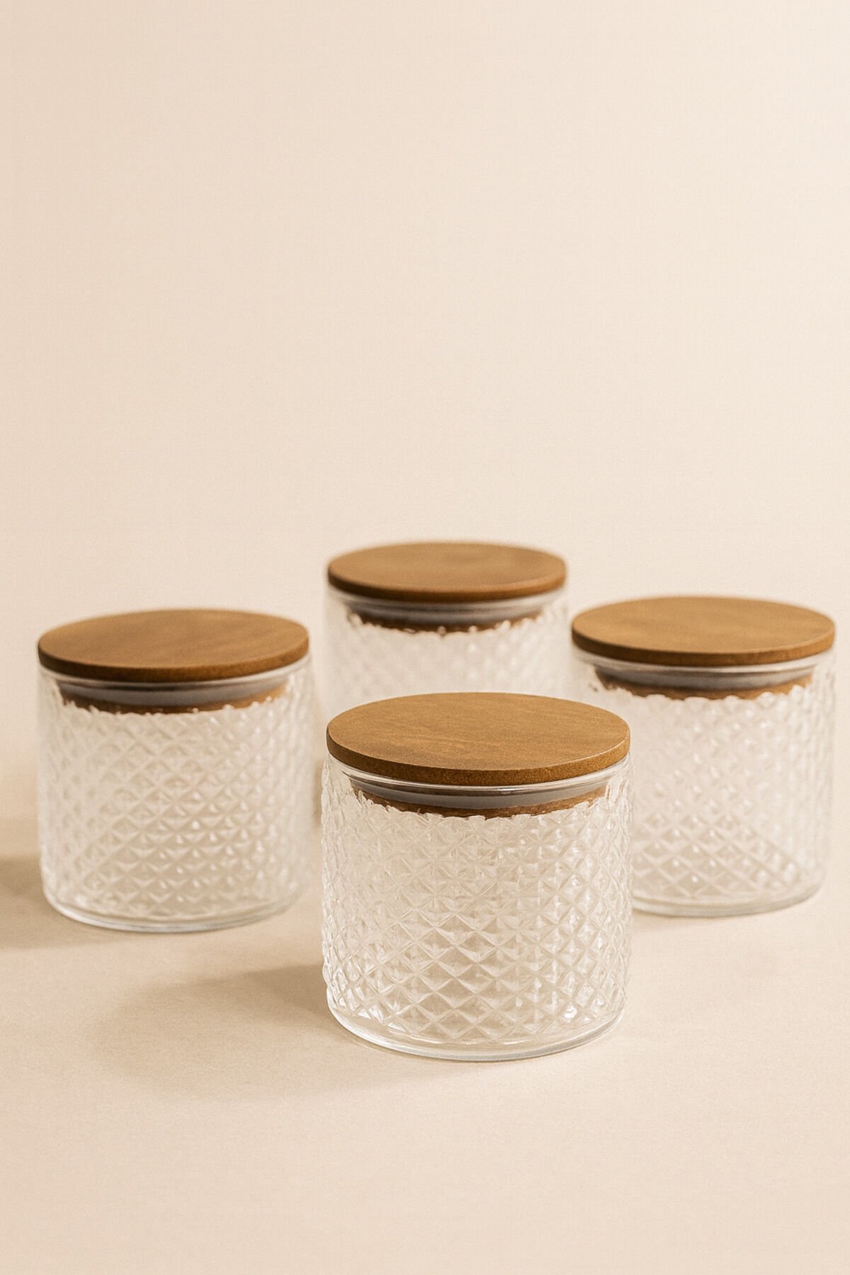 Siena- 4'lü Ahşap Kapaklı Kaşık Hediyeli Cam Saklama Kabı Tulip Kapak 375 cc