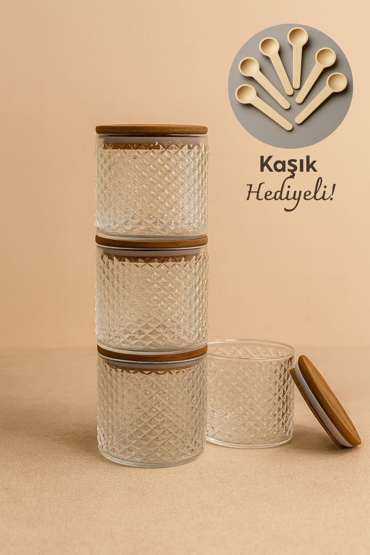 Siena- 4'lü Ahşap Kapaklı Kaşık Hediyeli Cam Saklama Kabı Tulip Kapak 375 cc