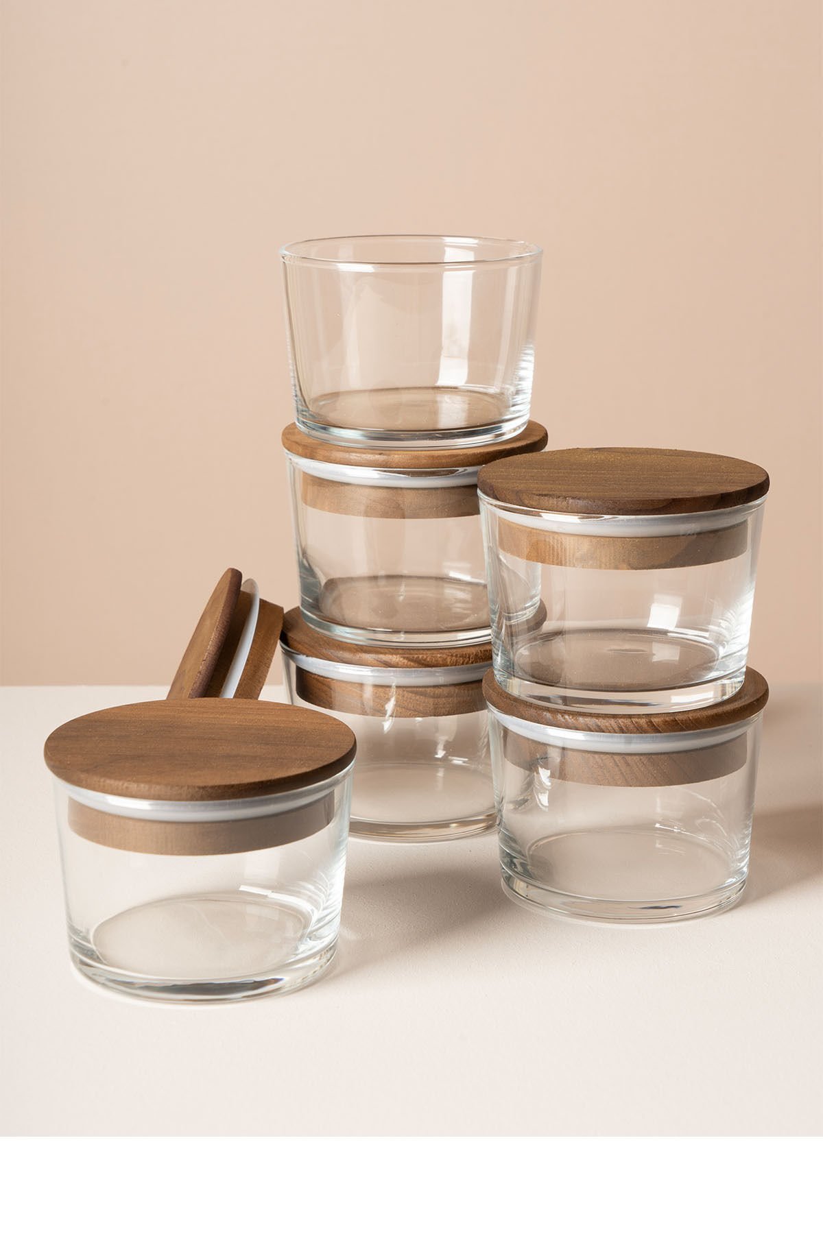 Vetro - 6'lı Ahşap Vakum Kapaklı Cam Saklama Kabı Tulip Kapak 220 cc