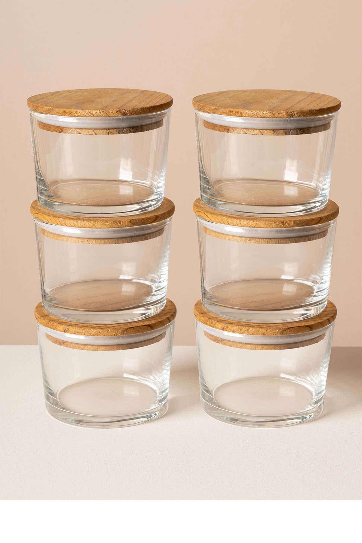 Vetro - 6'lı Ahşap Vakum Kapaklı Cam Saklama Kabı Çam Ağacı Kapak 220 cc