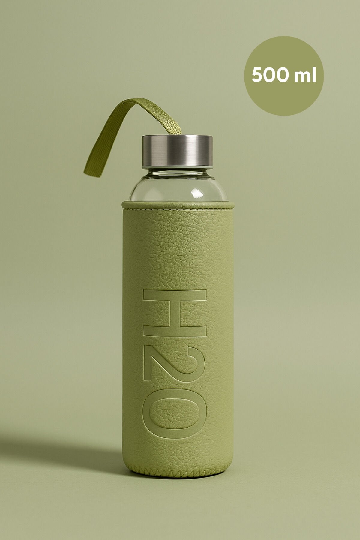 H2O Deri Kılıflı Cam Matara Yeşil 500 ml