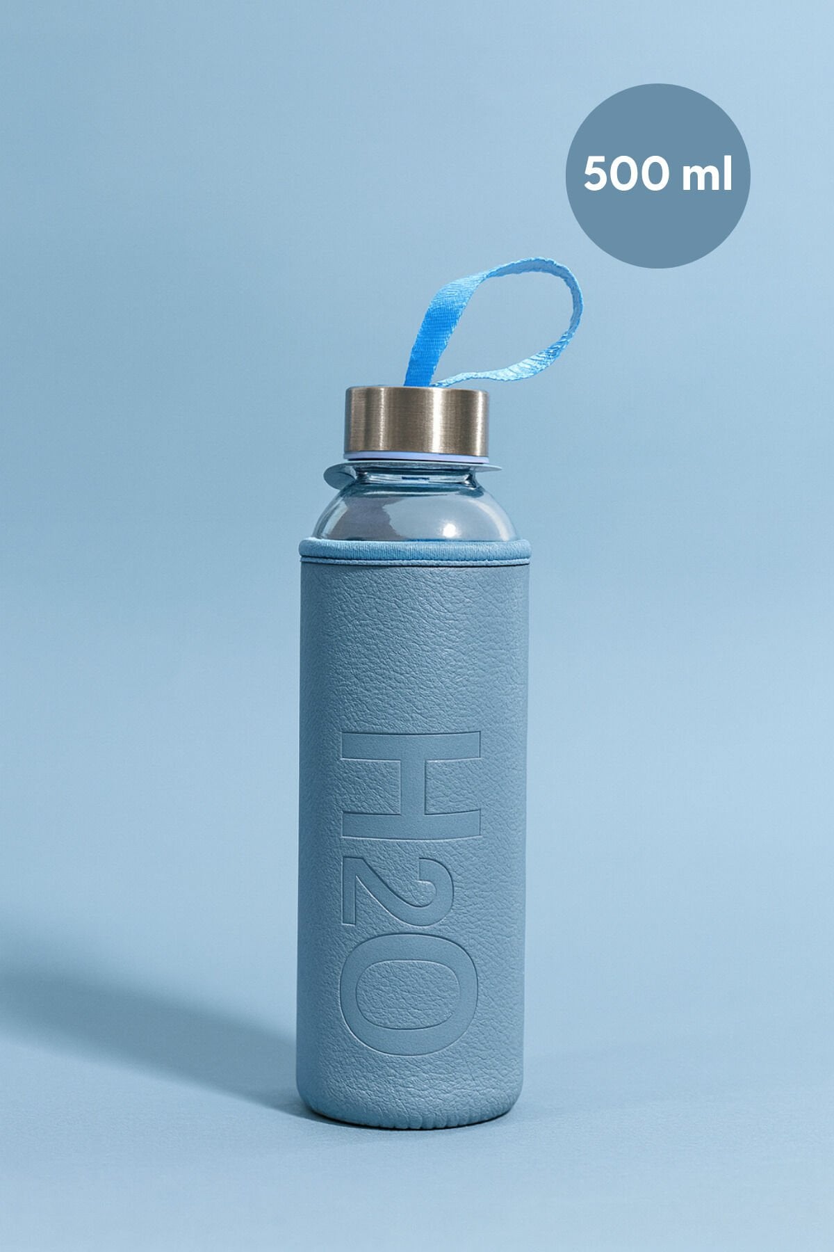 H2O Deri Kılıflı Cam Matara Mavi 500 ml