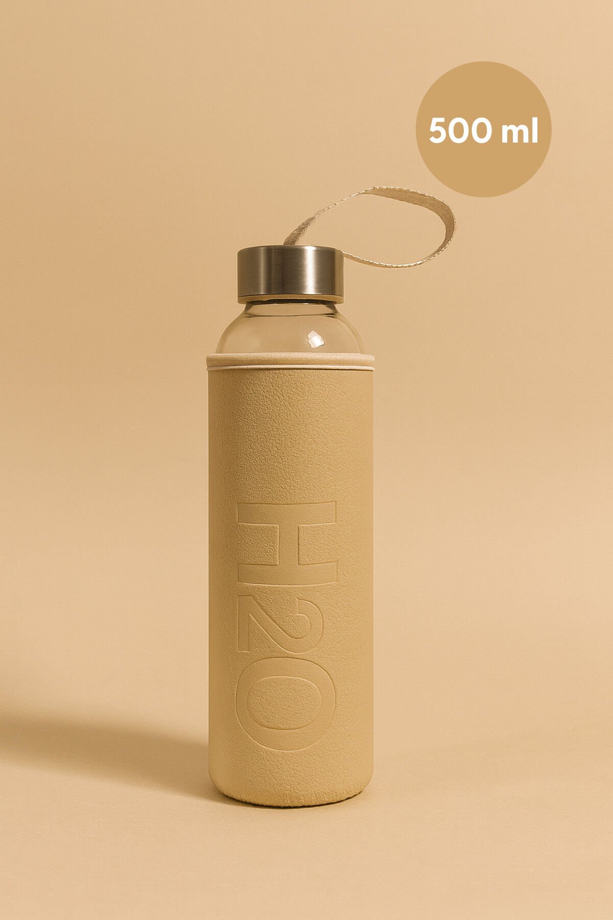 H2O Deri Kılıflı Cam Matara Krem 500 ml