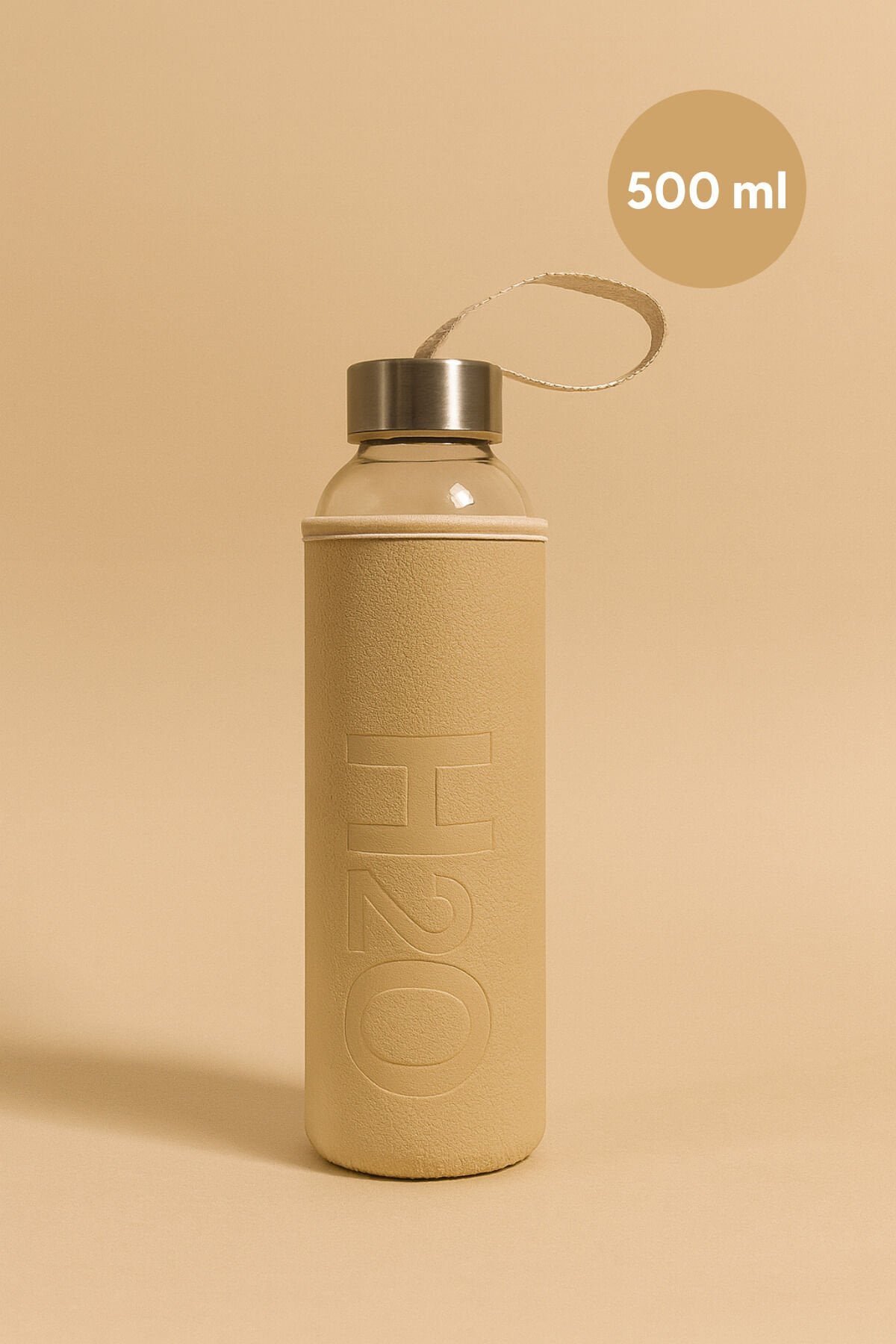 H2O Deri Kılıflı Cam Matara Krem 500 ml