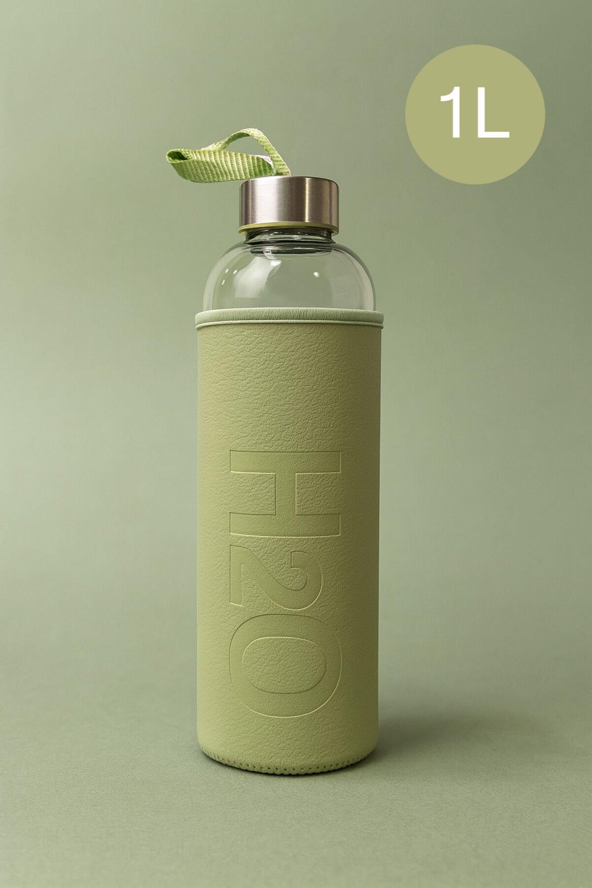 H2O Deri Kılıflı Cam Matara Yeşil 1000 ml