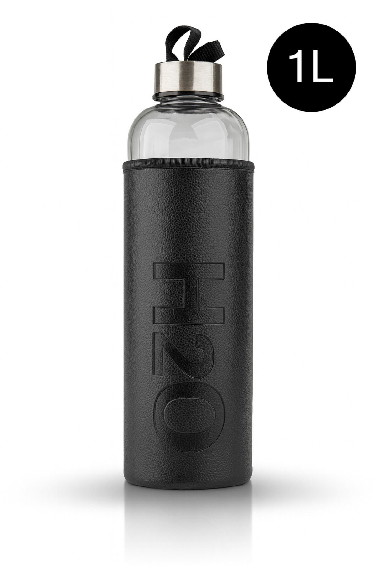 H2O Deri Kılıflı Cam Matara Siyah 1000 ml