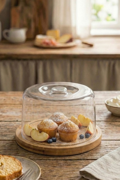 Lunin Bambu Tabanlı Şeffaf Kapaklı Kek Standı Pasta Sunum ve Saklama Kabı Küçük