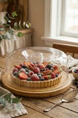 Lunin Bambu Tabanlı Şeffaf Kapaklı Kek Standı Pasta Sunum ve Saklama Kabı Büyük