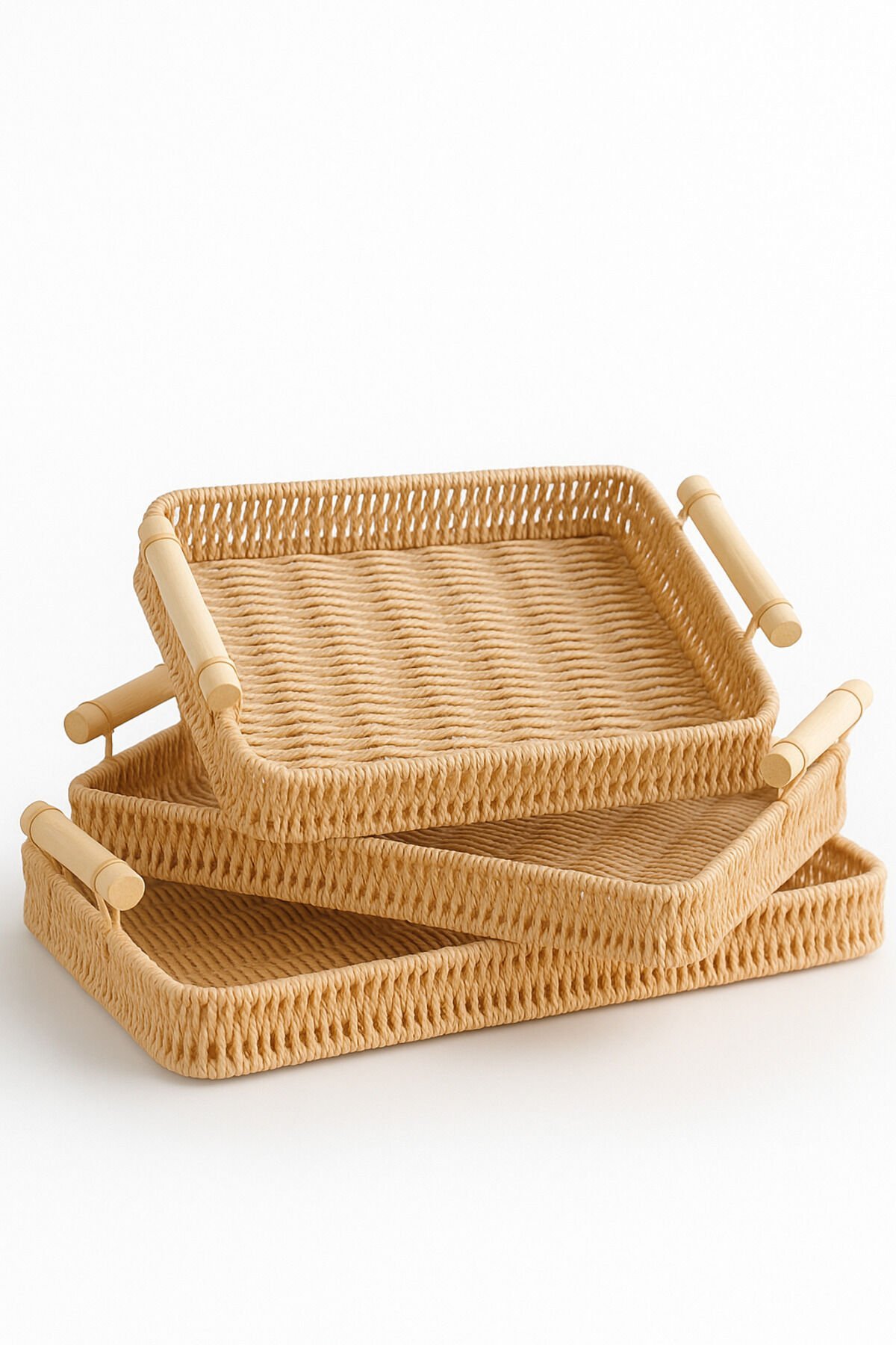 Natura - 3'lü Dikdörtgen Rattan Hasır Servis ve Sunum Tepsisi Seti Ahşap Saplı Dekoratif Tepsi
