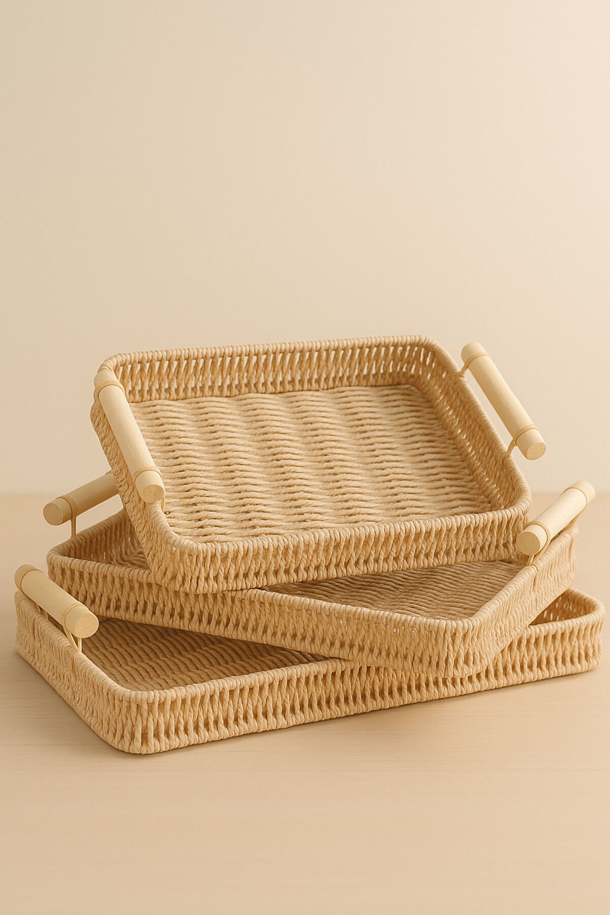 Natura - 3'lü Dikdörtgen Rattan Hasır Servis ve Sunum Tepsisi Seti Ahşap Saplı Dekoratif Tepsi