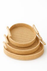 Natura - 3'lü Yuvarlak Rattan Hasır Servis ve Sunum Tepsisi Seti Ahşap Saplı Dekoratif Tepsi