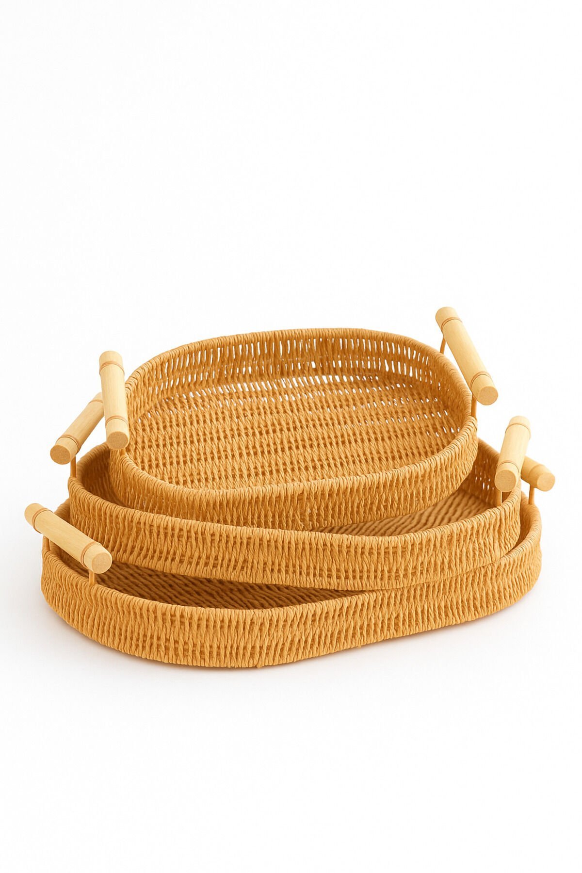 Natura - 3'lü Oval Rattan Hasır Servis ve Sunum Tepsisi Seti Ahşap Saplı Dekoratif Tepsi