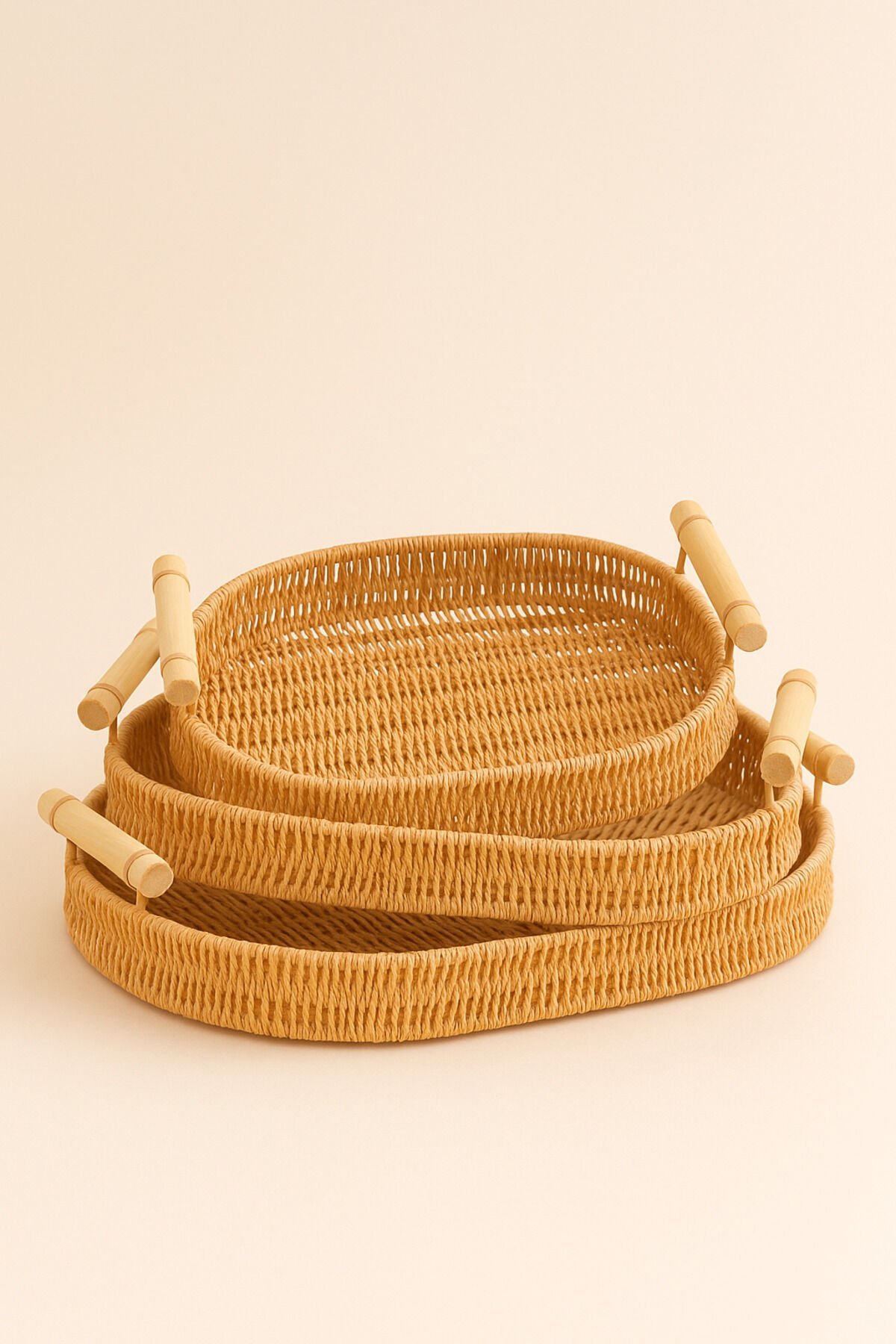 Natura - 3'lü Oval Rattan Hasır Servis ve Sunum Tepsisi Seti Ahşap Saplı Dekoratif Tepsi