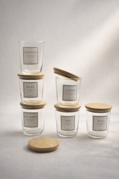 Motto - 6'lı Bambu Vakum Kapaklı Etiket Hediyeli Cam Saklama Kabı Baharatlık Seti 315 ml