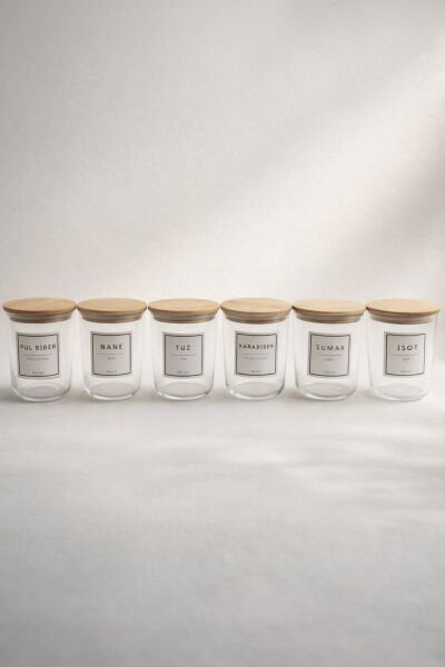 Motto - 6'lı Bambu Vakum Kapaklı Etiket Hediyeli Cam Saklama Kabı Baharatlık Seti 315 ml