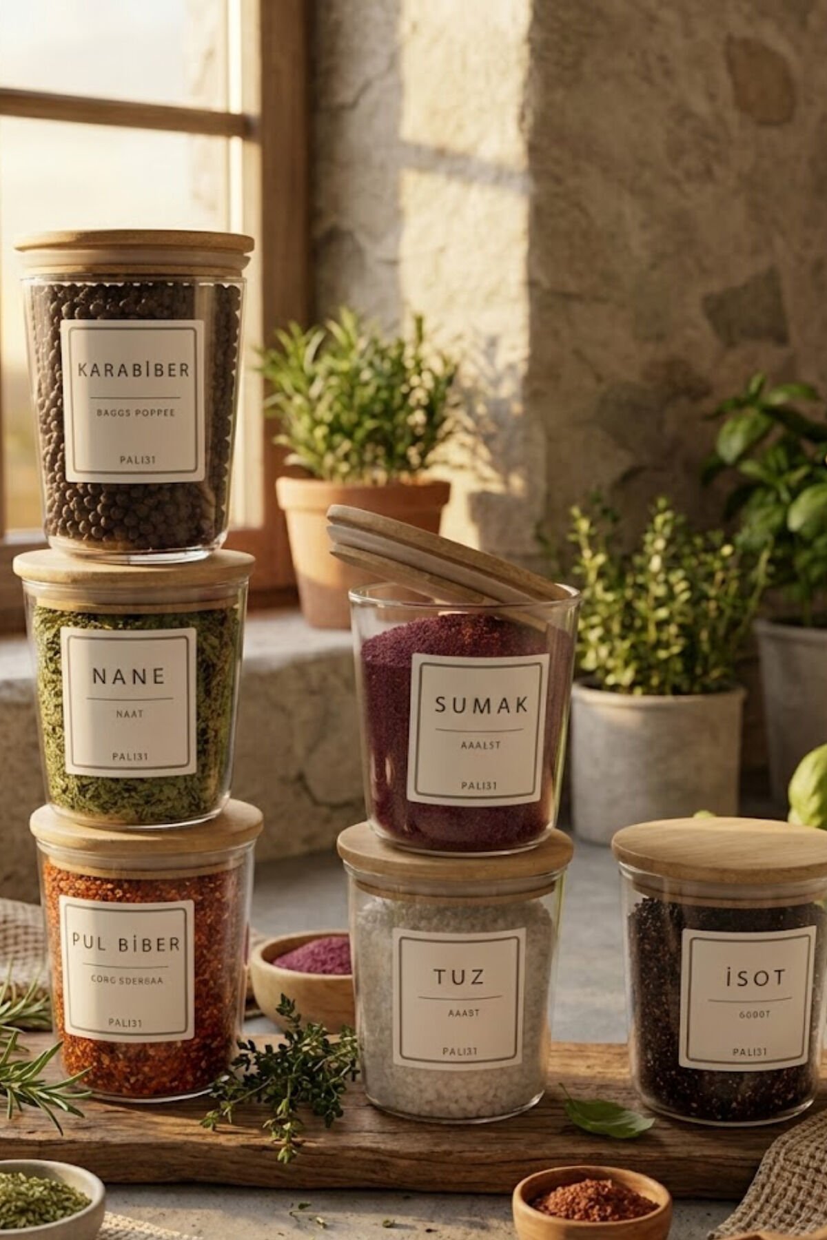 Motto - 6'lı Bambu Vakum Kapaklı Etiket Hediyeli Cam Saklama Kabı Baharatlık Seti 315 ml