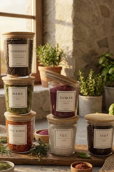 Motto - 6'lı Bambu Vakum Kapaklı Etiket Hediyeli Cam Saklama Kabı Baharatlık Seti 315 ml