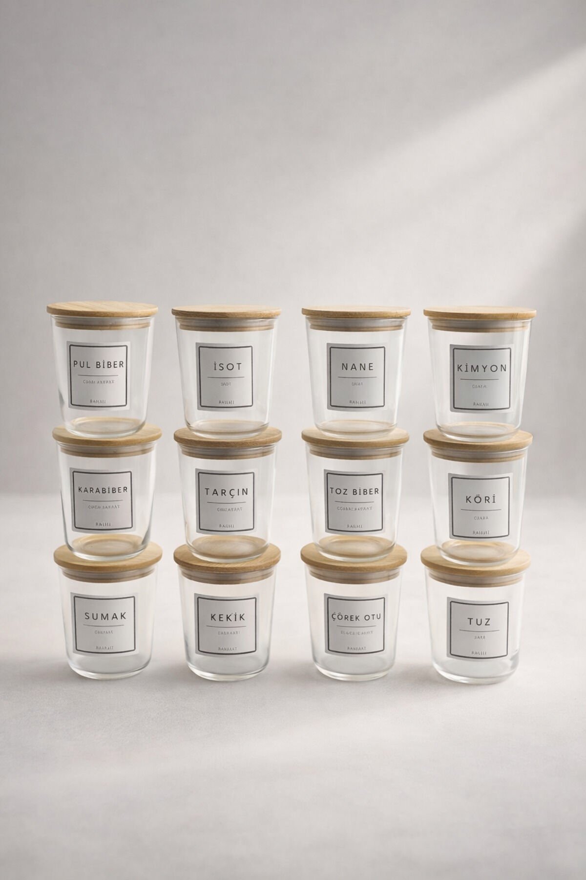 Motto - 12'li Bambu Vakum Kapaklı Etiket Hediyeli Cam Saklama Kabı Baharatlık Seti 315 ml