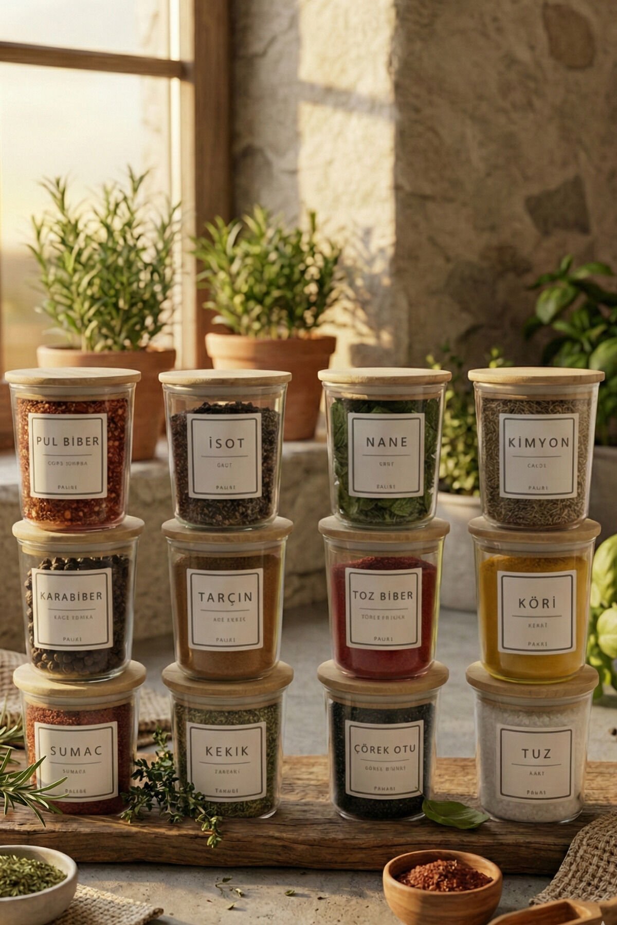 Motto - 12'li Bambu Vakum Kapaklı Etiket Hediyeli Cam Saklama Kabı Baharatlık Seti 315 ml