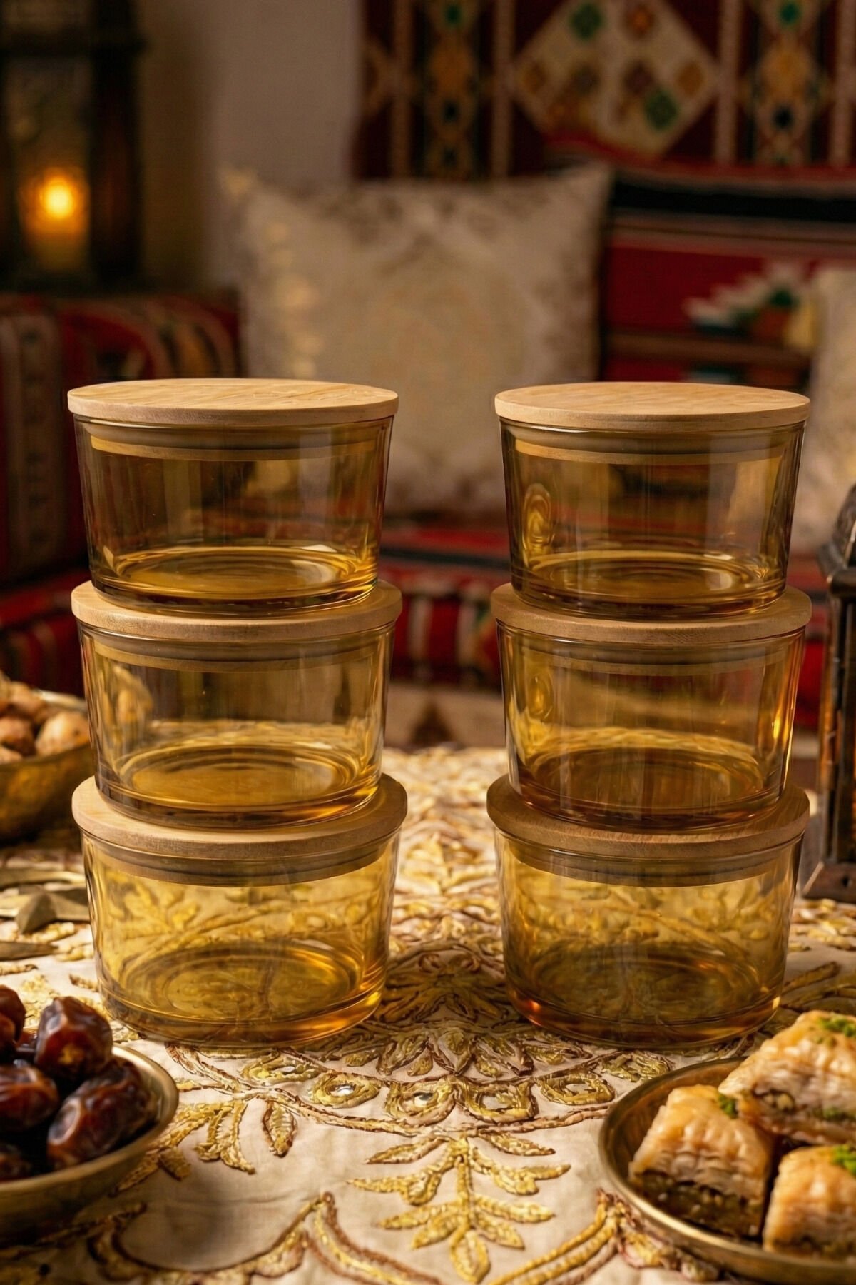 Vetro - 6'lı Bambu Kapaklı Cam Kahvaltılık Kase Sarı Gold Rim 220 cc