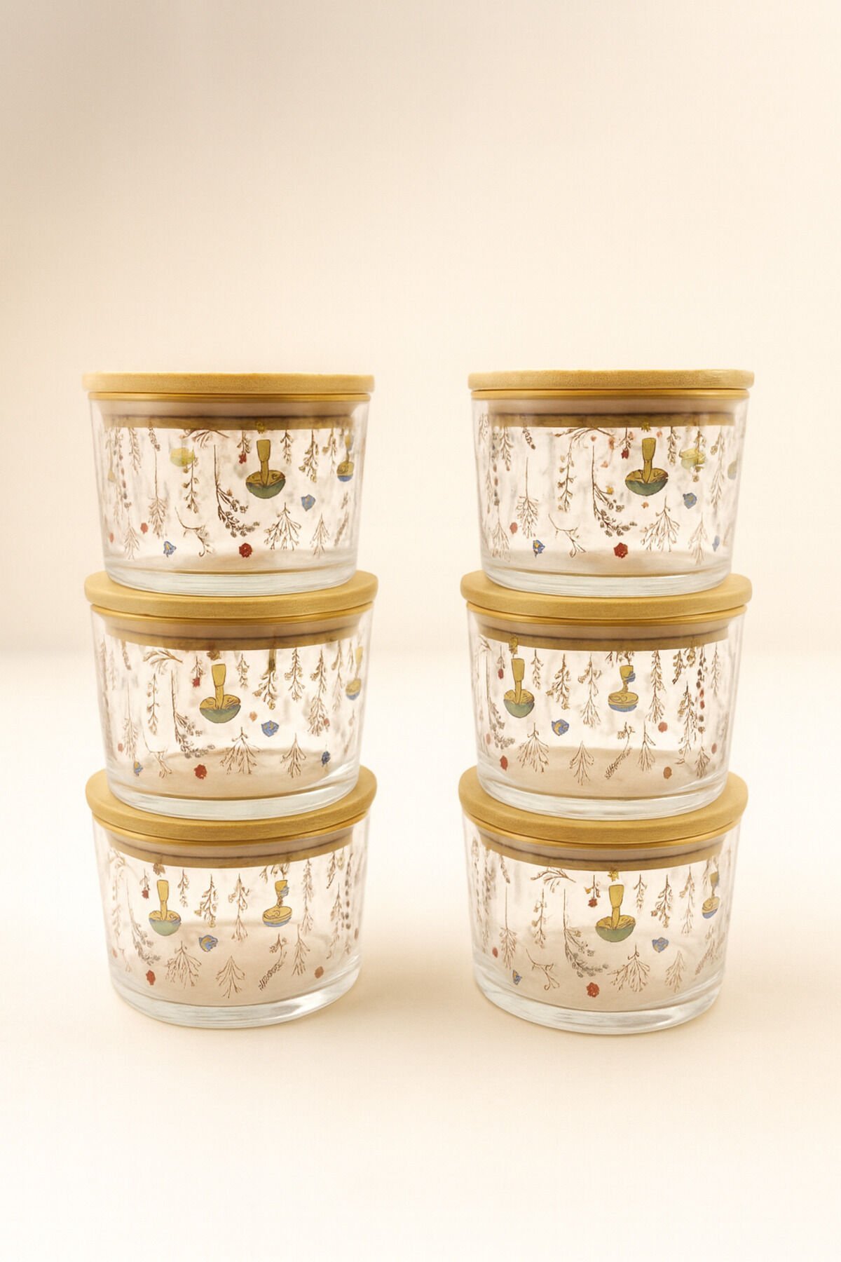 Vetro - 6'lı Bambu Kapaklı Cam Kahvaltılık Kase Mantar Desenli 220 cc