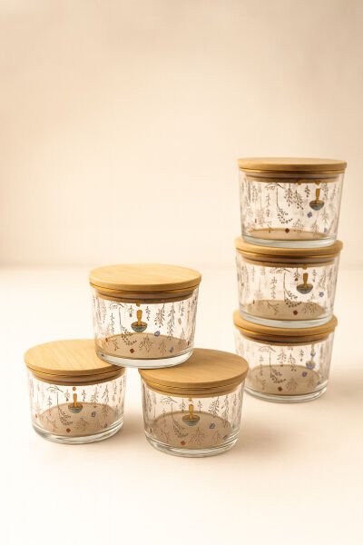 Vetro - 6'lı Bambu Kapaklı Cam Kahvaltılık Kase Mantar Desenli 220 cc