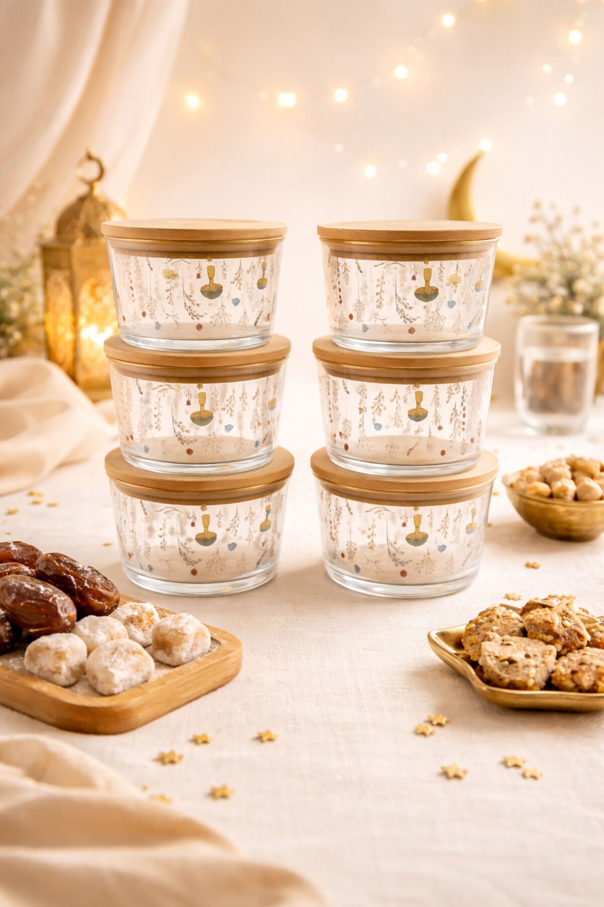 Vetro - 6'lı Bambu Kapaklı Cam Kahvaltılık Kase Mantar Desenli 220 cc