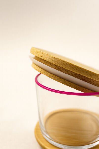 Vetro - 6'lı Bambu Kapaklı Cam Kahvaltılık Kase Pembe Rim 220 cc