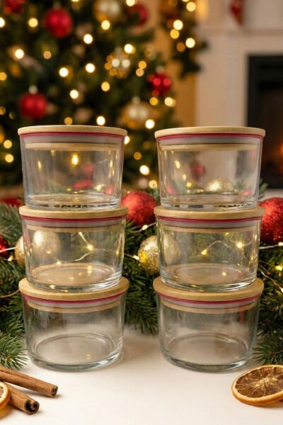 Vetro - 6'lı Bambu Kapaklı Cam Kahvaltılık Kase Pembe Rim 220 cc