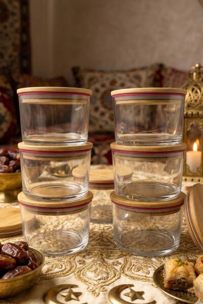 Vetro - 6'lı Bambu Kapaklı Cam Kahvaltılık Kase Pembe Rim 220 cc