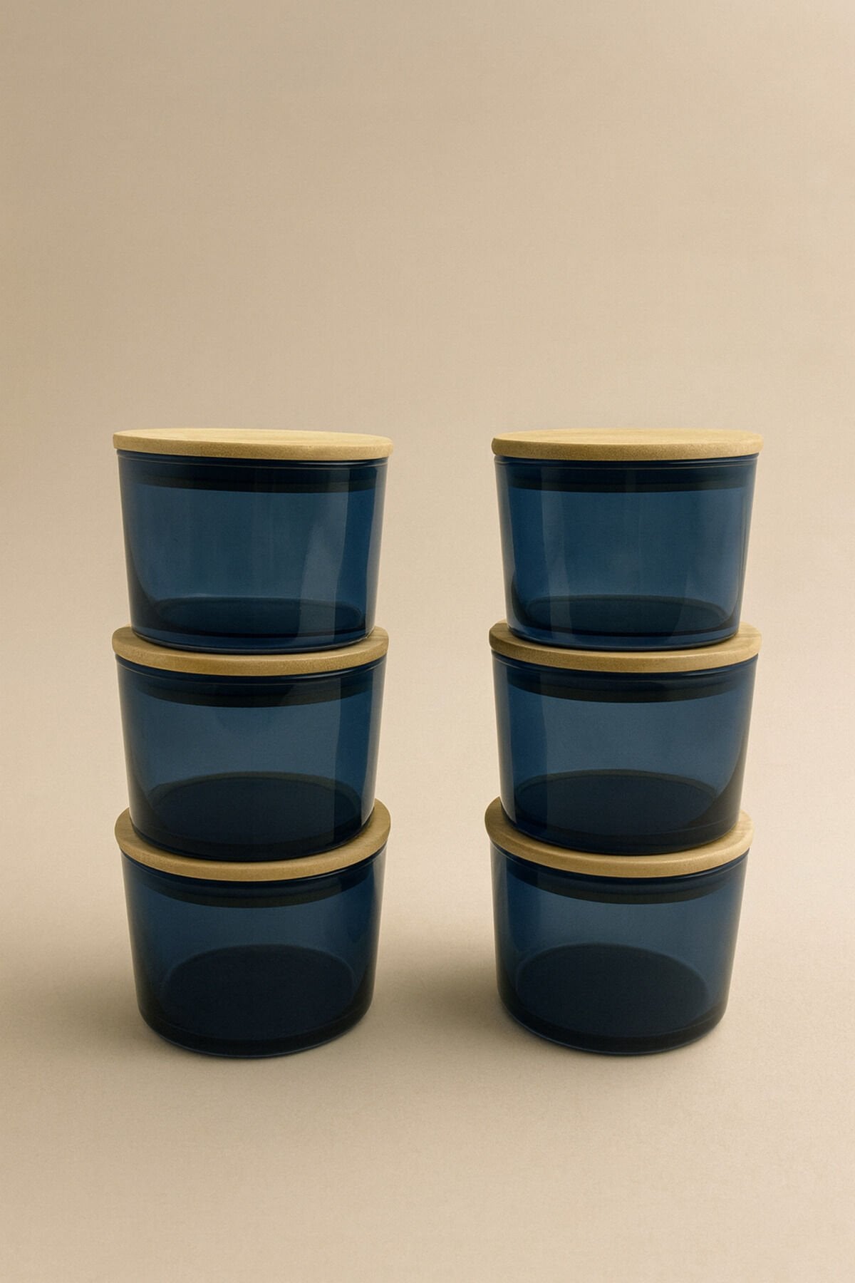 Vetro - 6'lı Bambu Kapaklı Cam Kahvaltılık Kase Mavi 220 cc