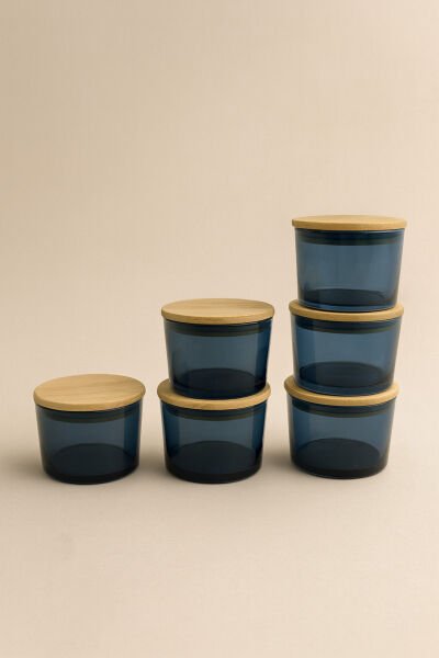 Vetro - 6'lı Bambu Kapaklı Cam Kahvaltılık Kase Mavi 220 cc