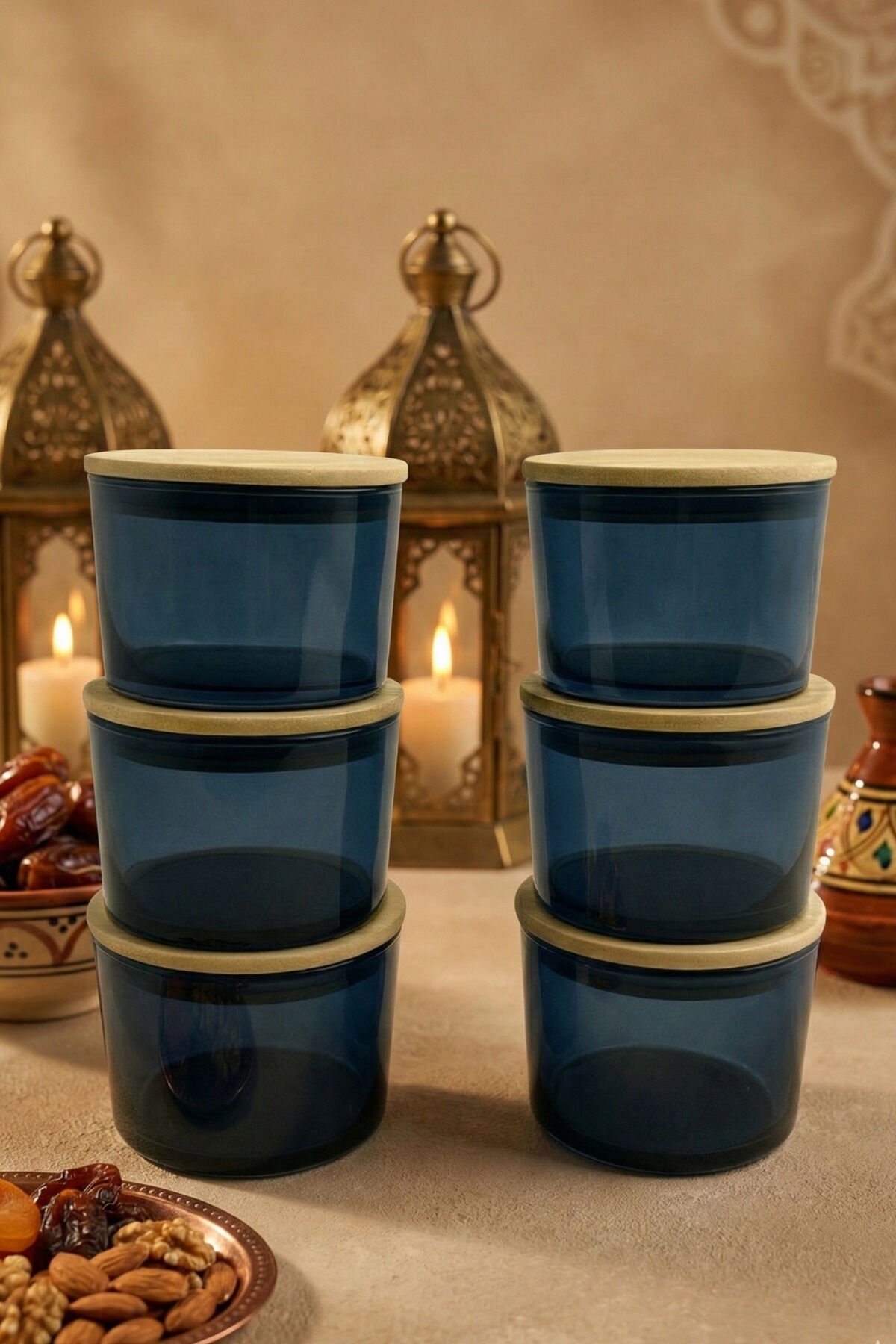 Vetro - 6'lı Bambu Kapaklı Cam Kahvaltılık Kase Mavi 220 cc