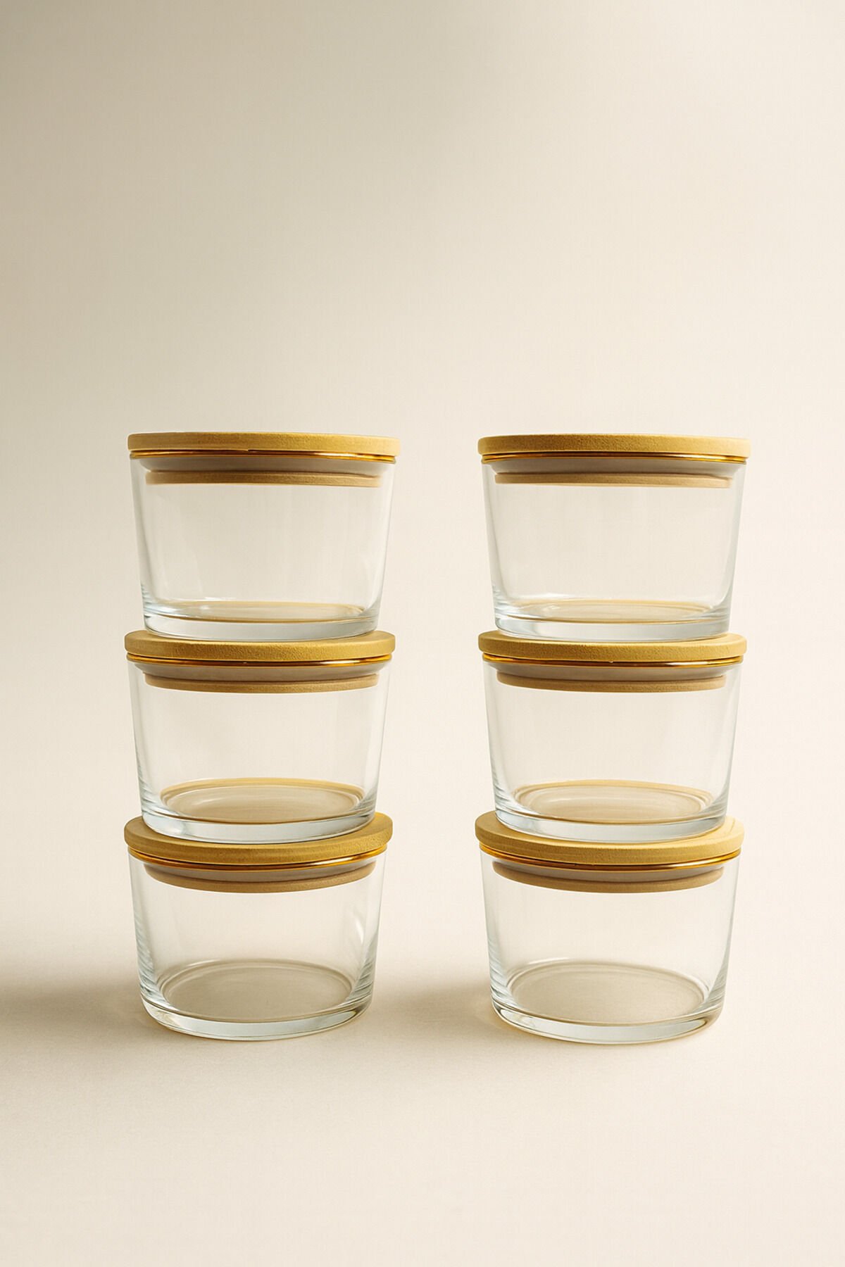 Vetro - 6'lı Bambu Kapaklı Cam Kahvaltılık Kase Gold Rim 220 cc