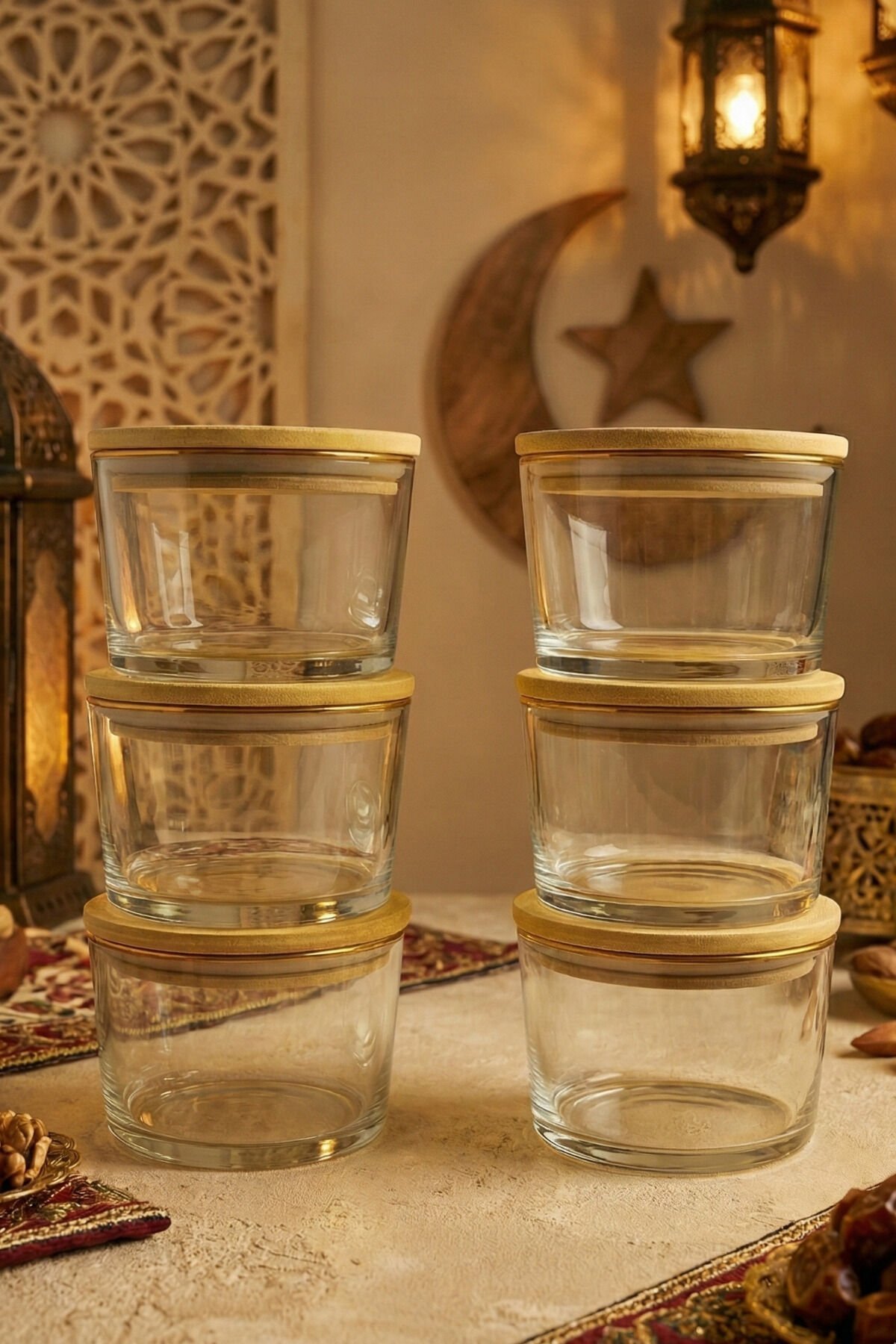 Vetro - 6'lı Bambu Kapaklı Cam Kahvaltılık Kase Gold Rim 220 cc