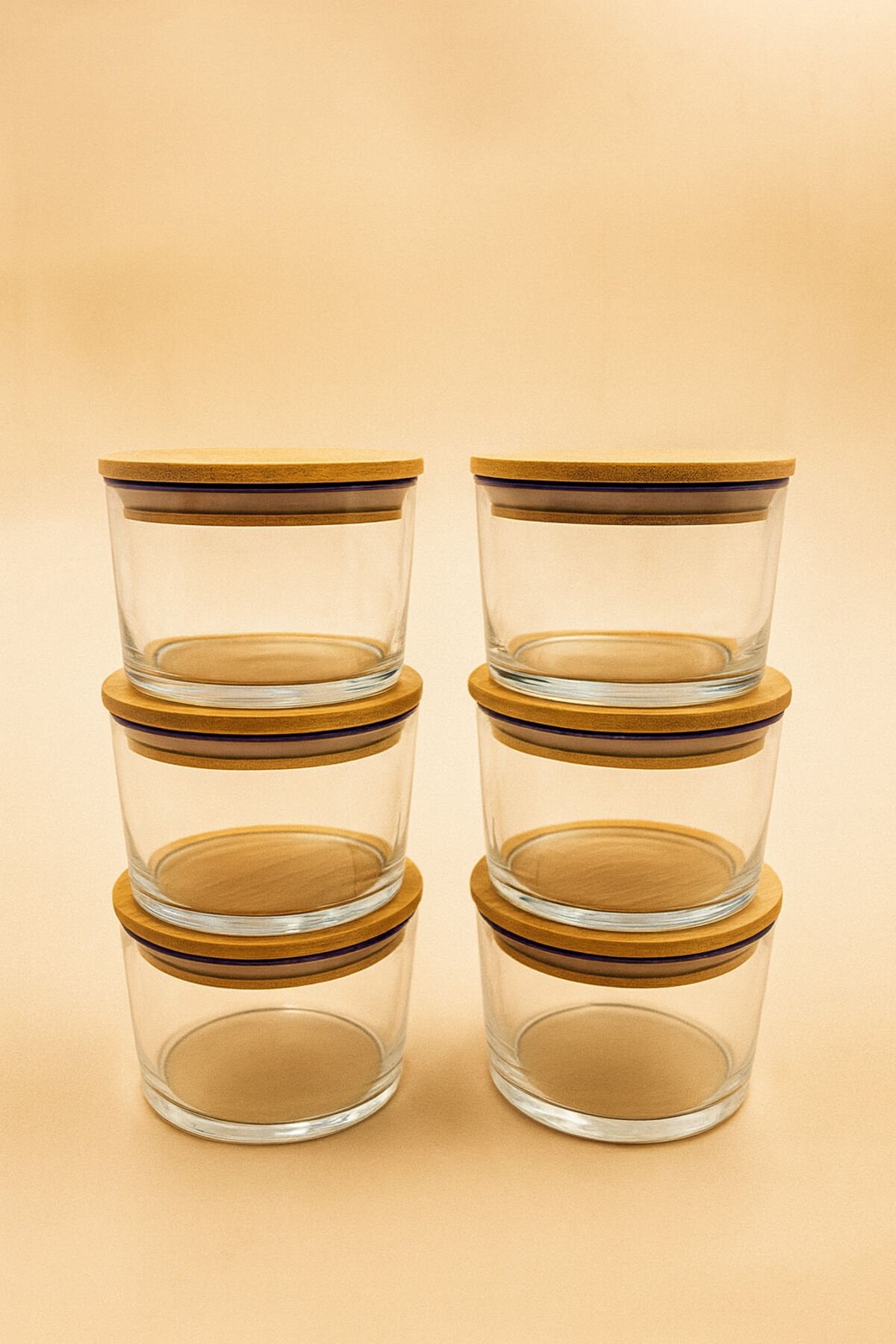 Vetro - 6'lı Bambu Kapaklı Cam Kahvaltılık Kase Mor Rim 220 cc