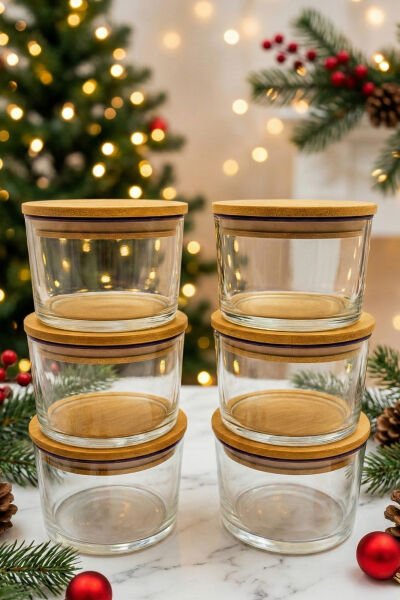 Vetro - 6'lı Bambu Kapaklı Cam Kahvaltılık Kase Mor Rim 220 cc