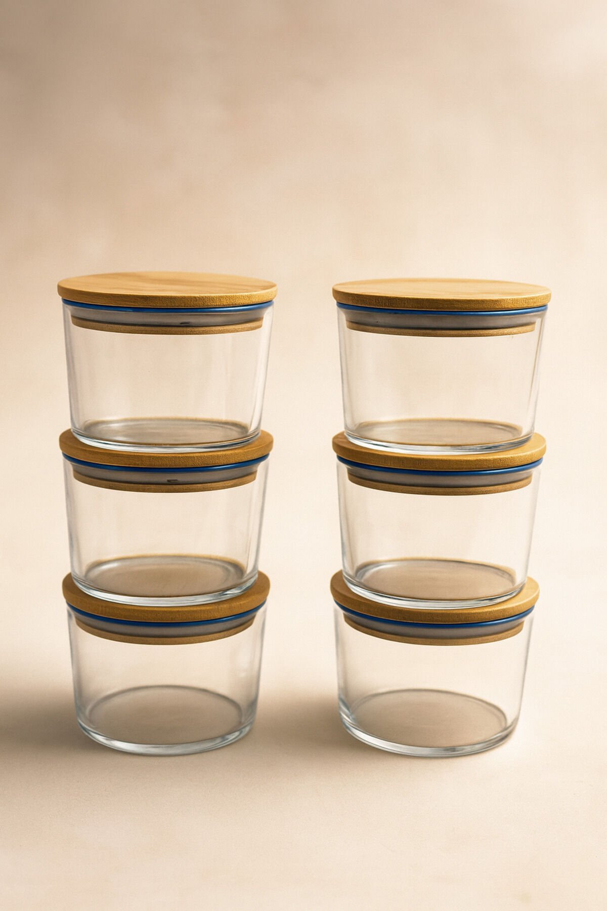Vetro - 6'lı Bambu Kapaklı Cam Kahvaltılık Kase Mavi Rim 220 cc