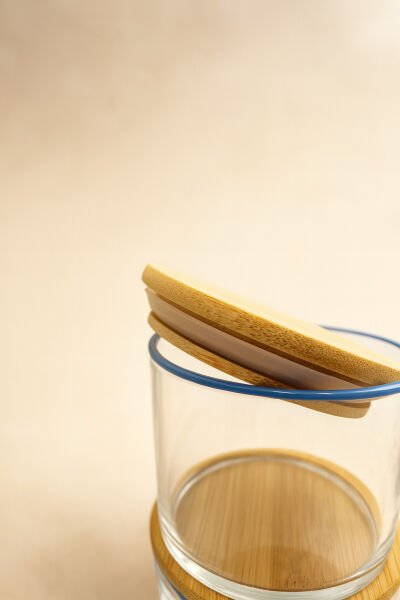 Vetro - 6'lı Bambu Kapaklı Cam Kahvaltılık Kase Mavi Rim 220 cc